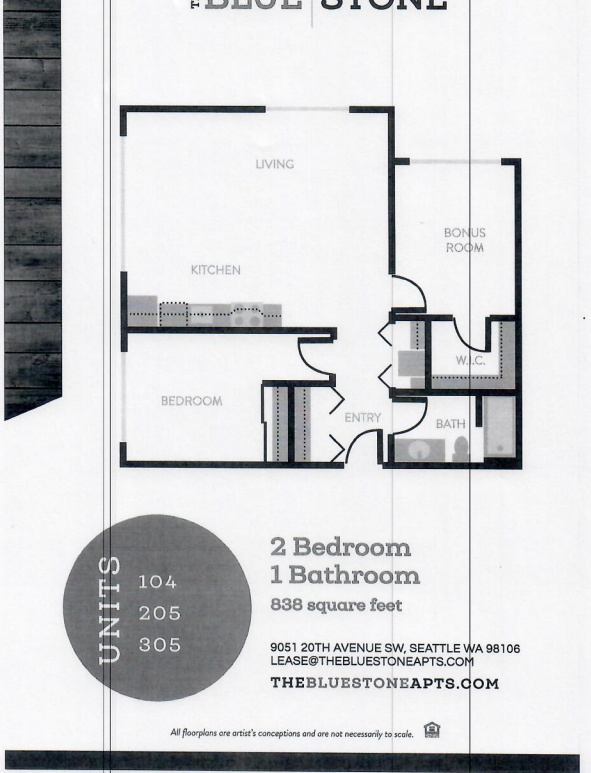 Floor plan for 2 beds, 1 bath, 838 sqft
